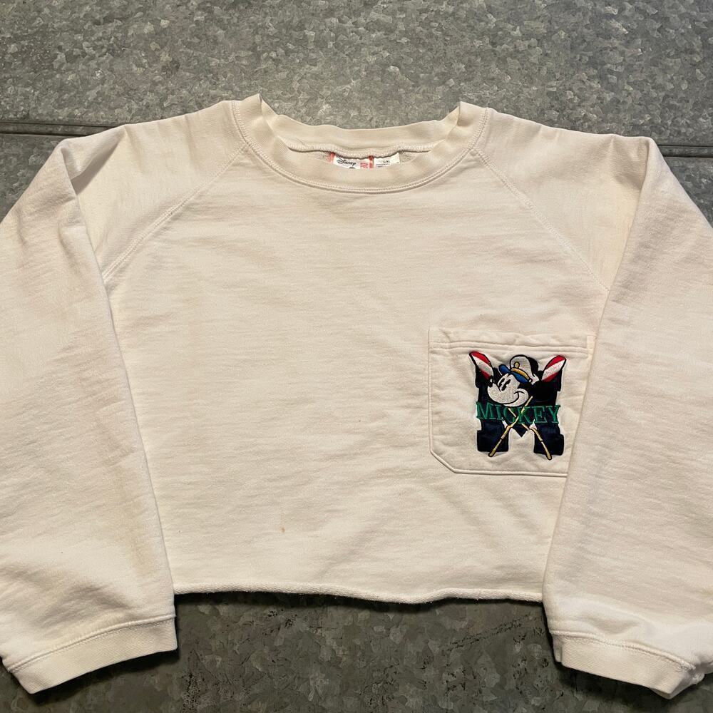 Vintage Mickey Mouse Cropped Nautical Sailor Sweatshirt Medium Disney Pocket L/S